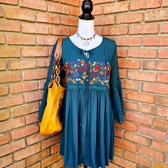 Altar'd State Brand Dress. Forest Green Floral Embroidered Swiss Dot. Size Small - Picture 2 of 12